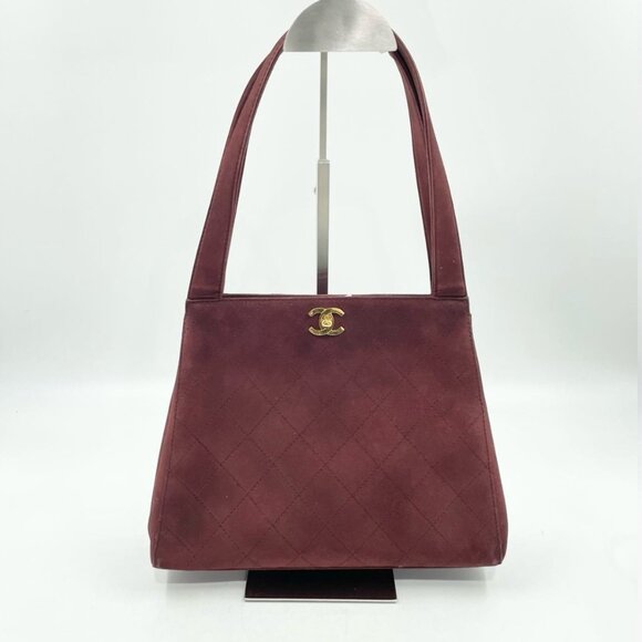 Authentic Vintage Chanel Burgundy Suede Shoulder Bag Quilted CC Logo Rare - Picture 1 of 5